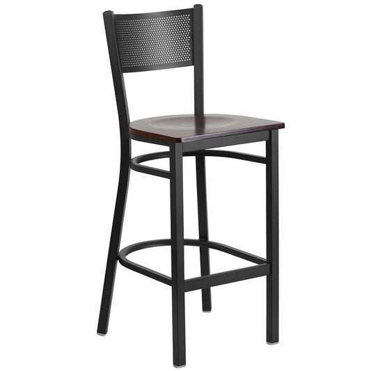 Restaurant grid back barstool with walnut wood seat and black powder-coated frame