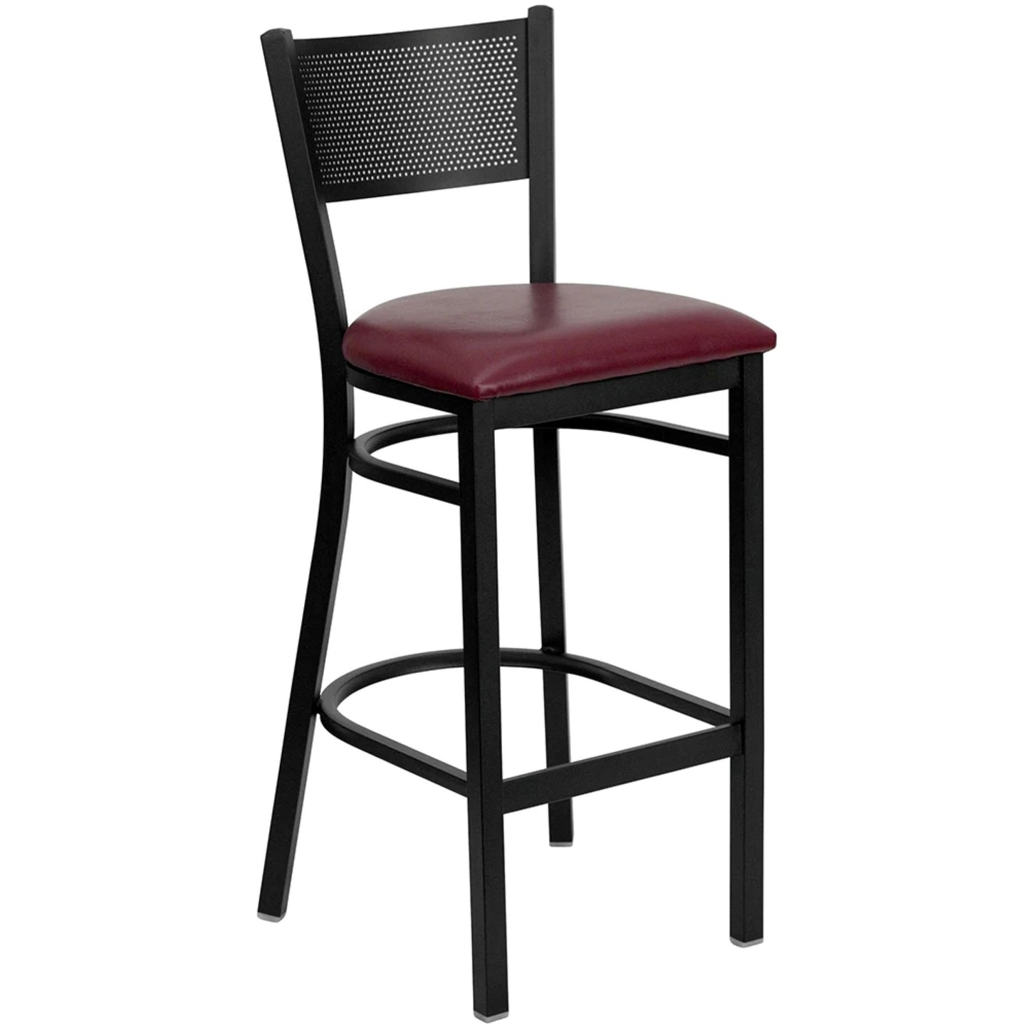 Restaurant grid back barstool with burgundy vinyl seat and black powder-coated frame