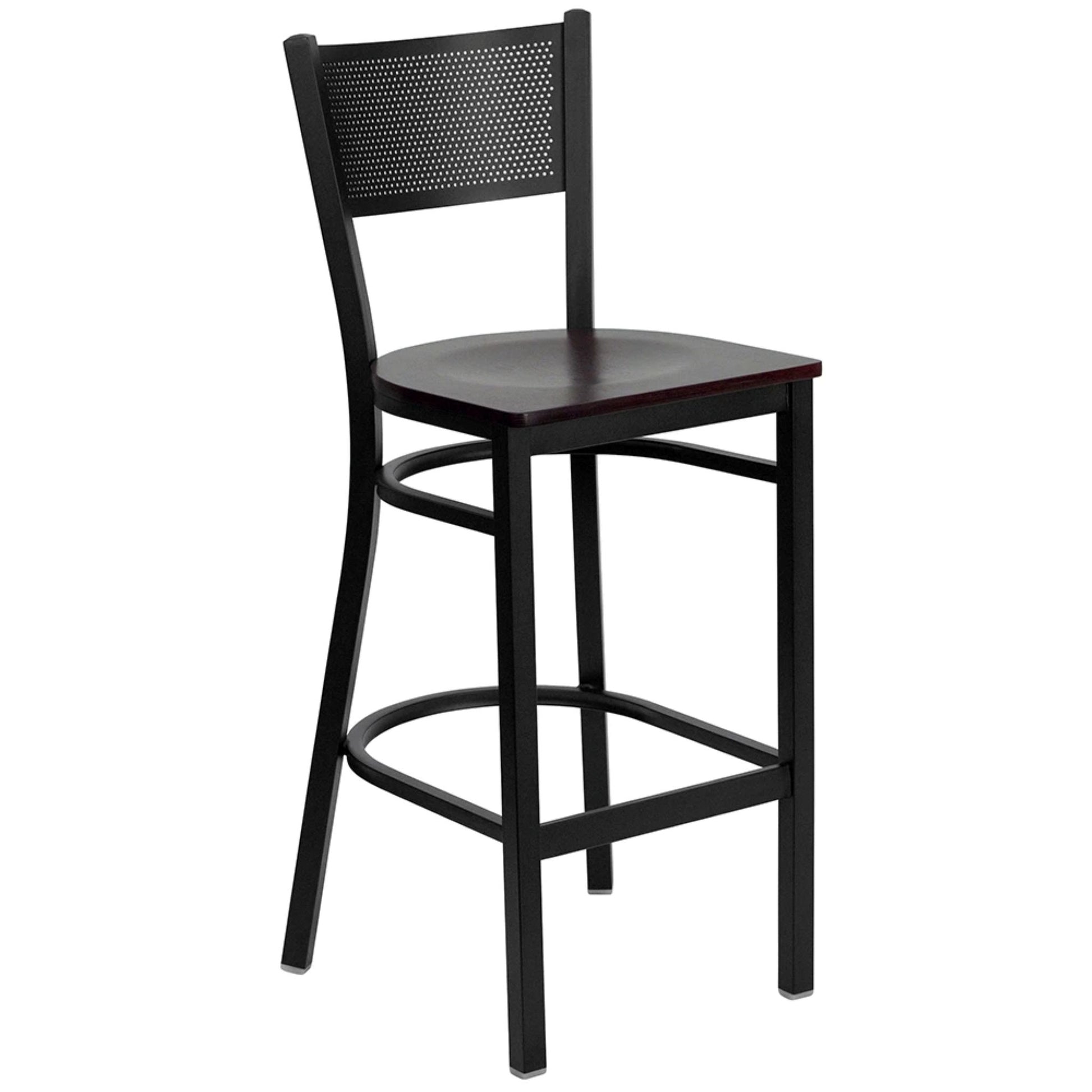 Restaurant grid back barstool with black wood seat and black powder-coated frame