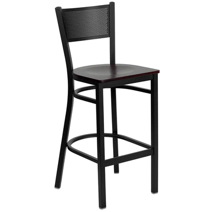 Restaurant grid back barstool with black wood seat and black powder-coated frame