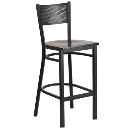 Restaurant grid back barstool with walnut wood seat and black powder-coated frame