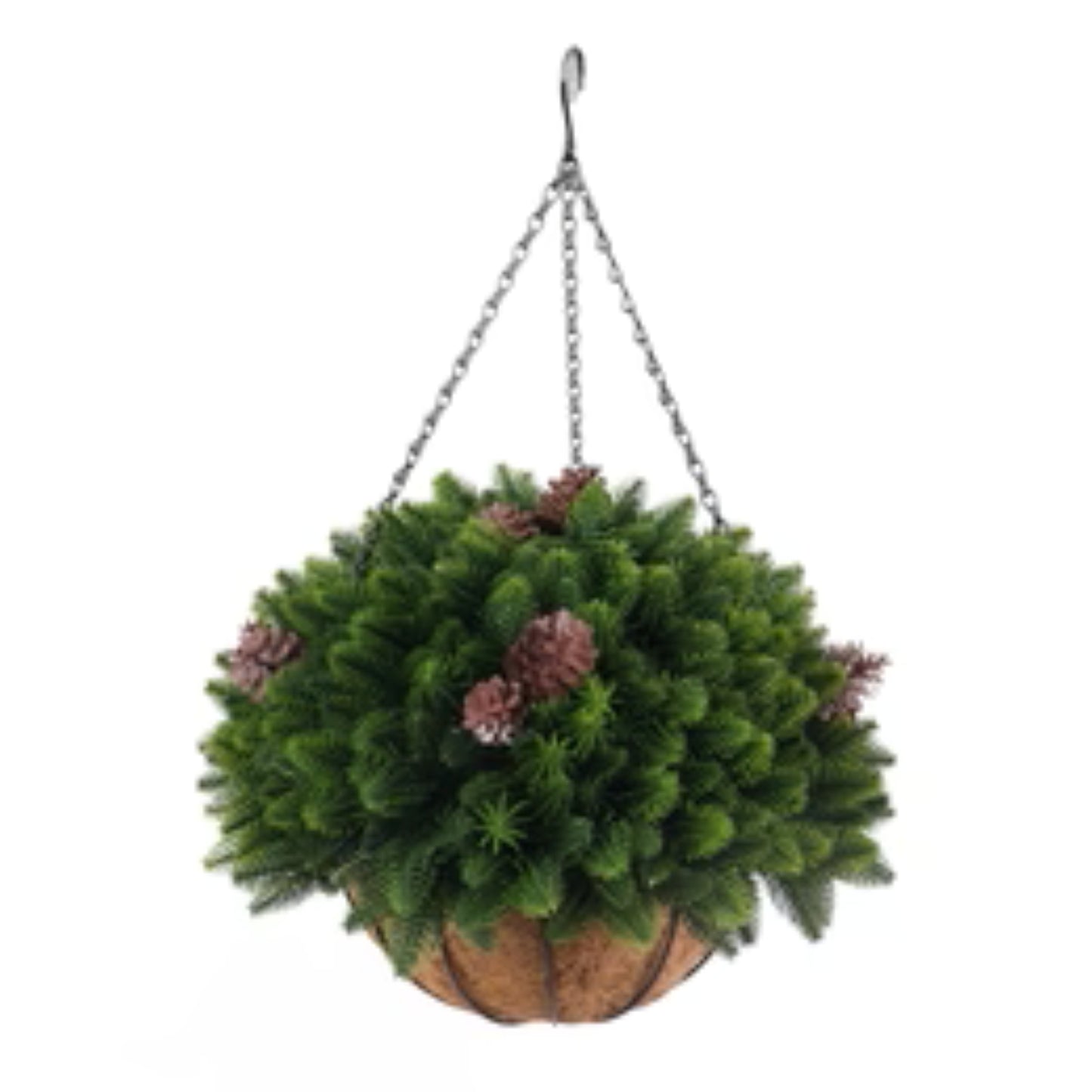 Artificial cedar pine cone hanging basket with UV-resistant greenery