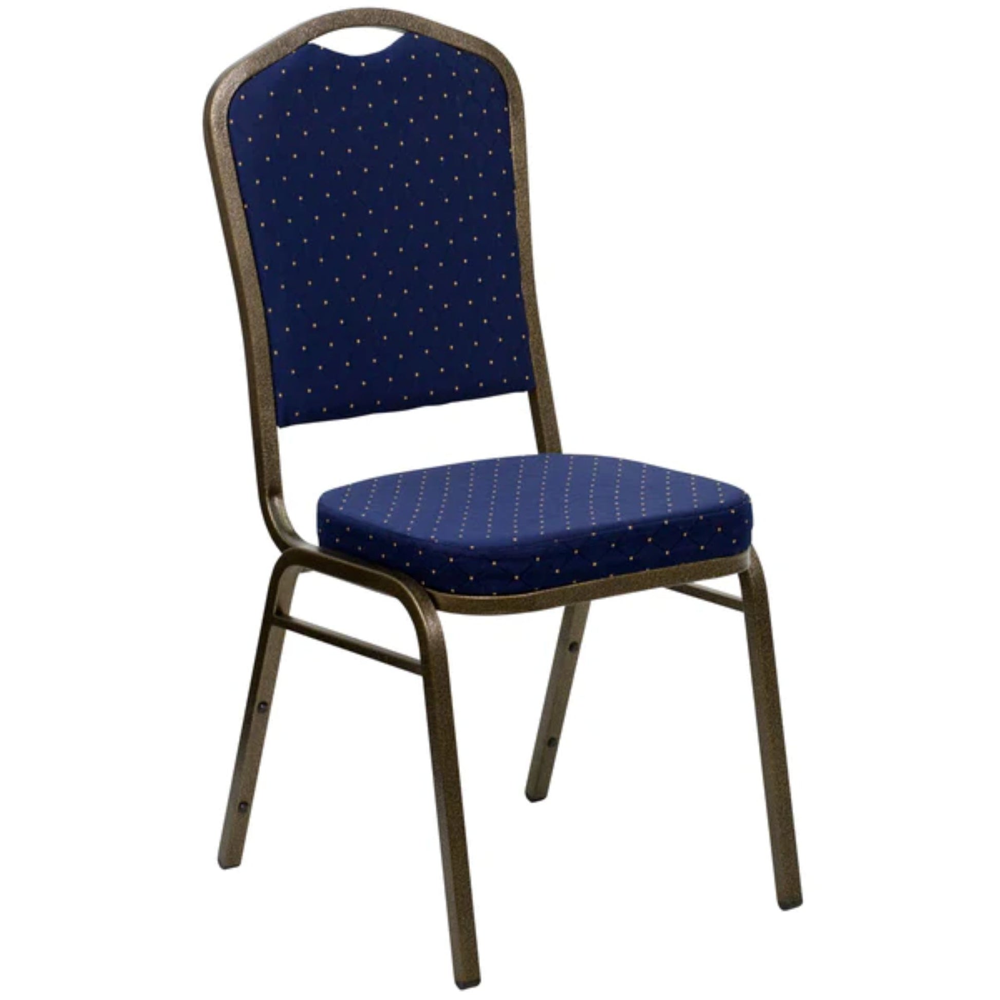 Crown back banquet chair with navy blue dot fabric upholstery and a gold steel frame.