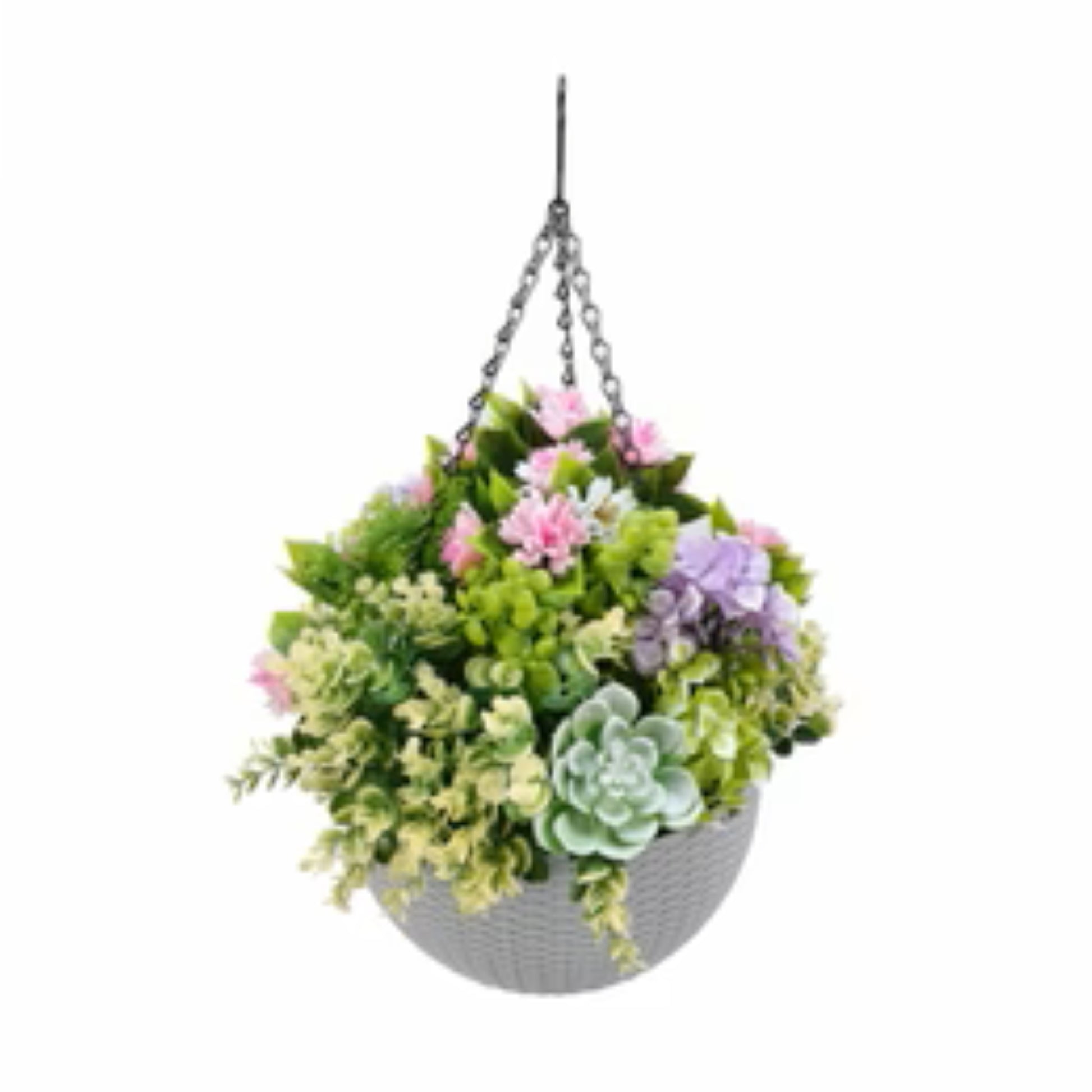 Artificial succulent hanging basket with UV-resistant foliage