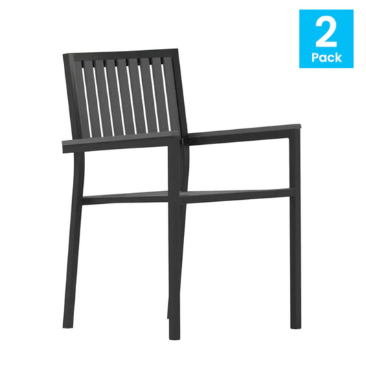 Front view of commercial stacking club chair with steel frame and poly resin slatted back and seat, designed for indoor and outdoor use
