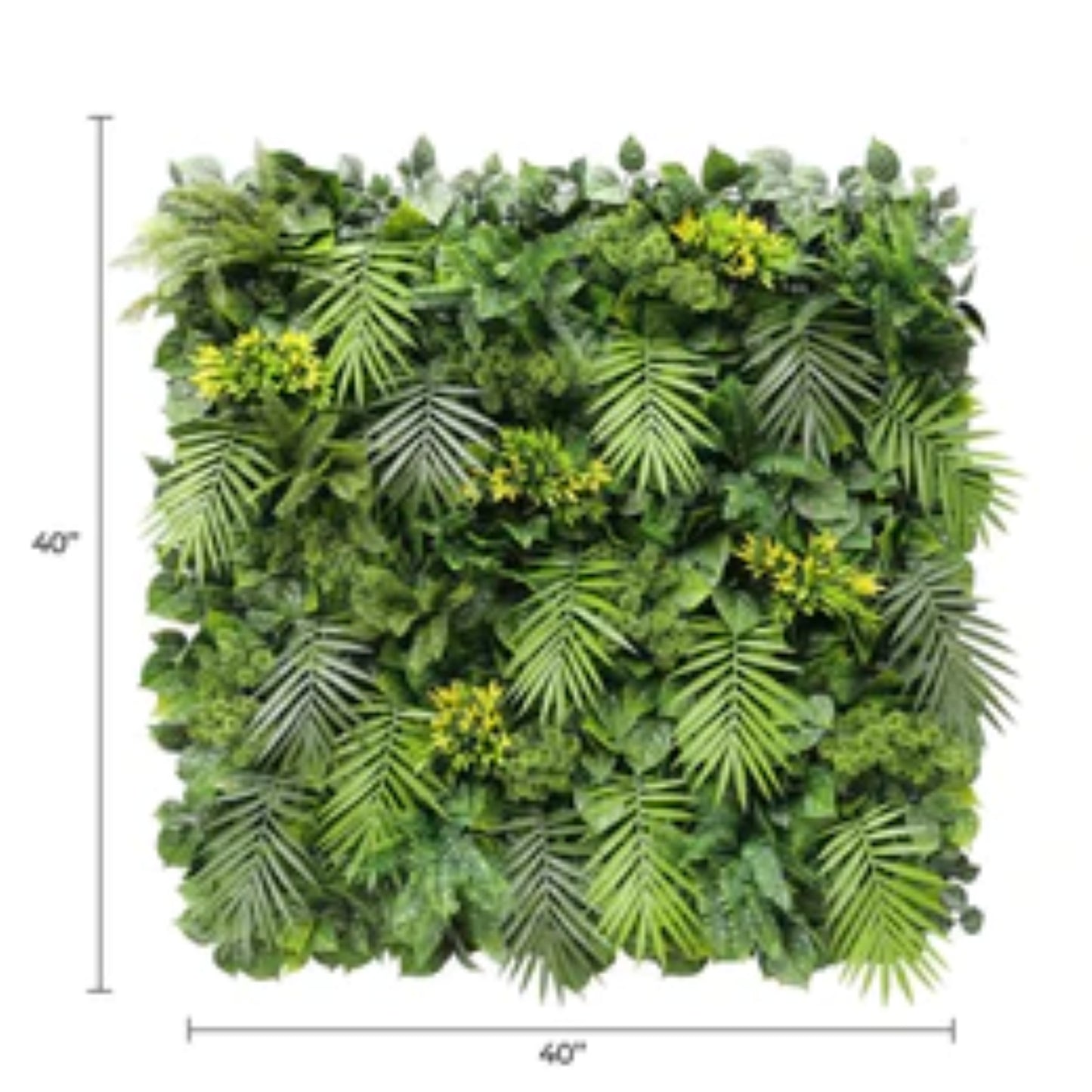 Commercial UV-resistant flowering tropical artificial greenery panel with dimensions.