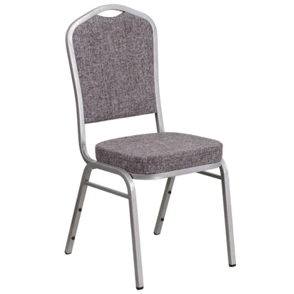 Crown back banquet chair with herringbone patterned fabric upholstery and a gold frame