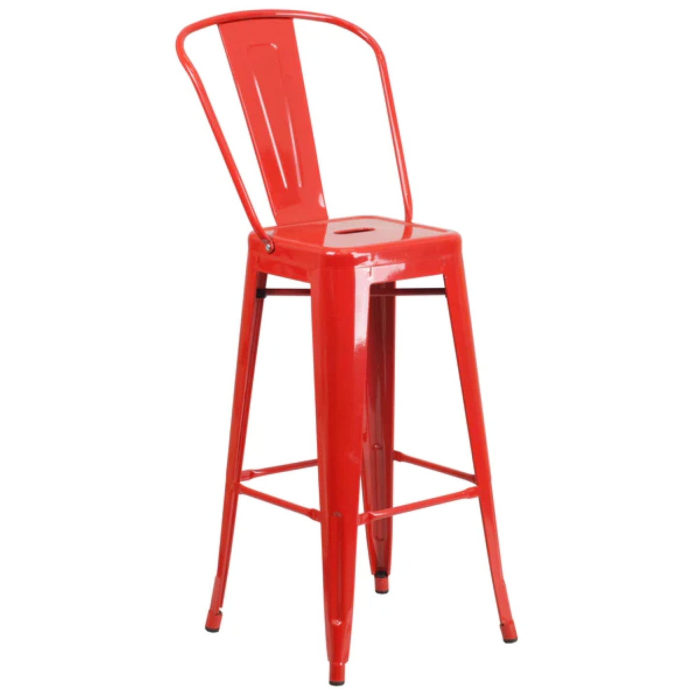 30-inch red metal indoor-outdoor barstool with slat back and removable backrest