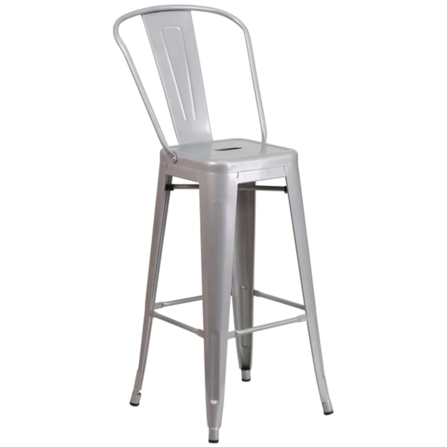 30-inch silver metal indoor-outdoor barstool with slat back and removable backrest