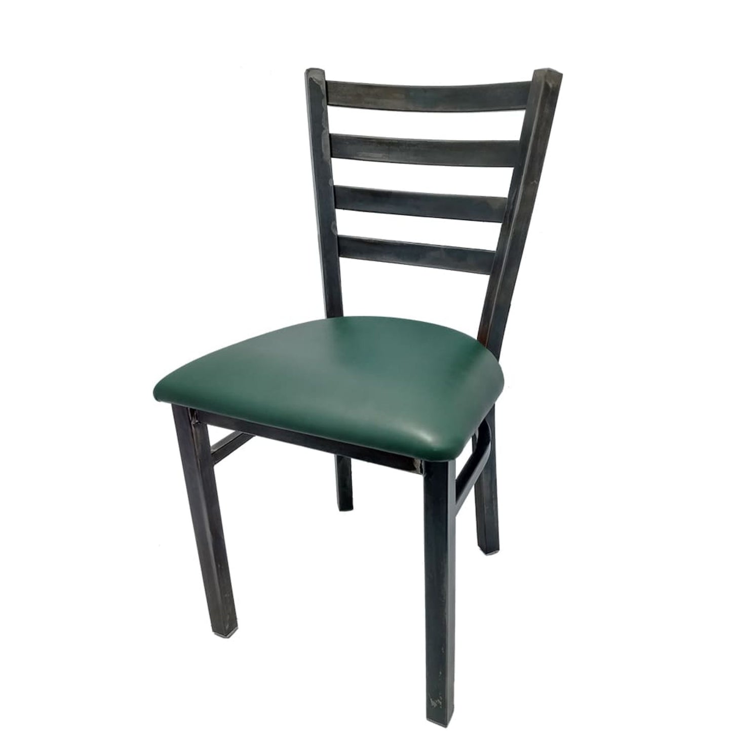 Rustic ladderback metal dining chair with clear coat industrial steel frame and hunter green vinyl seat.