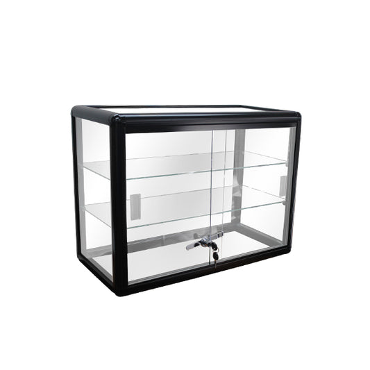 Aluminum framed glass countertop display case in black medium gloss finish with two interior glass shelves.