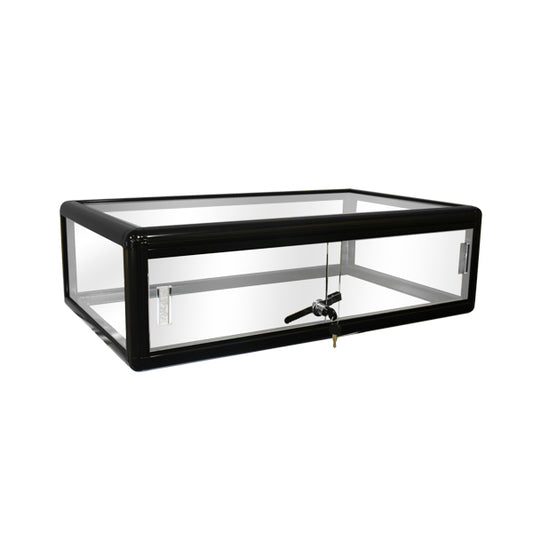 Low-profile flat aluminum framed countertop display case with clear glass top, black gloss finish, and locking front panel.