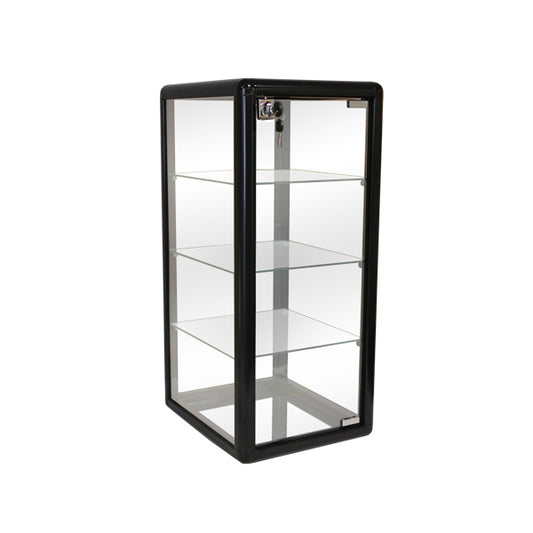 Aluminum-framed countertop display case in black gloss finish with clear viewing panels and vertical design