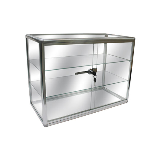 Countertop display case with round aluminum frame, clear panels, and locking front door.