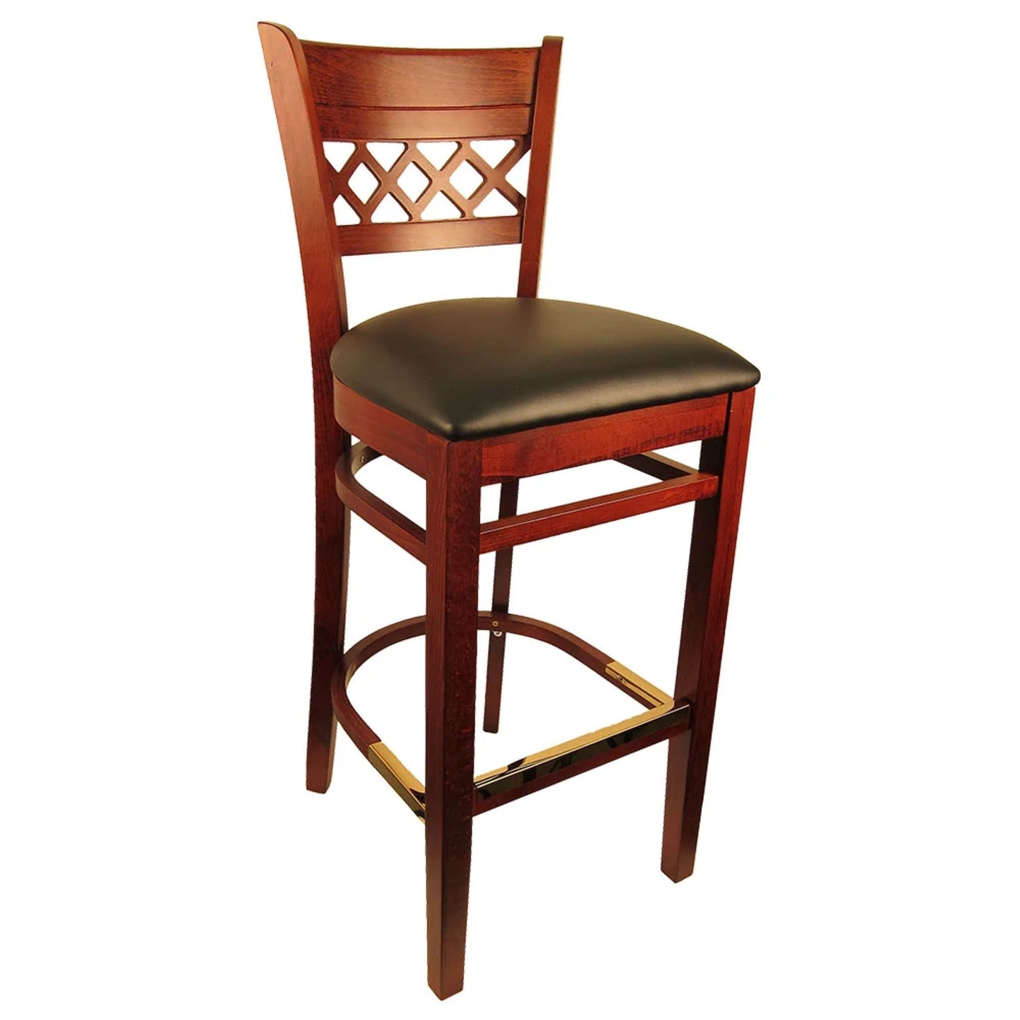Dark mahogany lattice back bar stool with black vinyl seat for restaurant and bar interiors