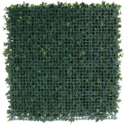 Close-up of green foliage with purple lavender accents on artificial wall panel back view