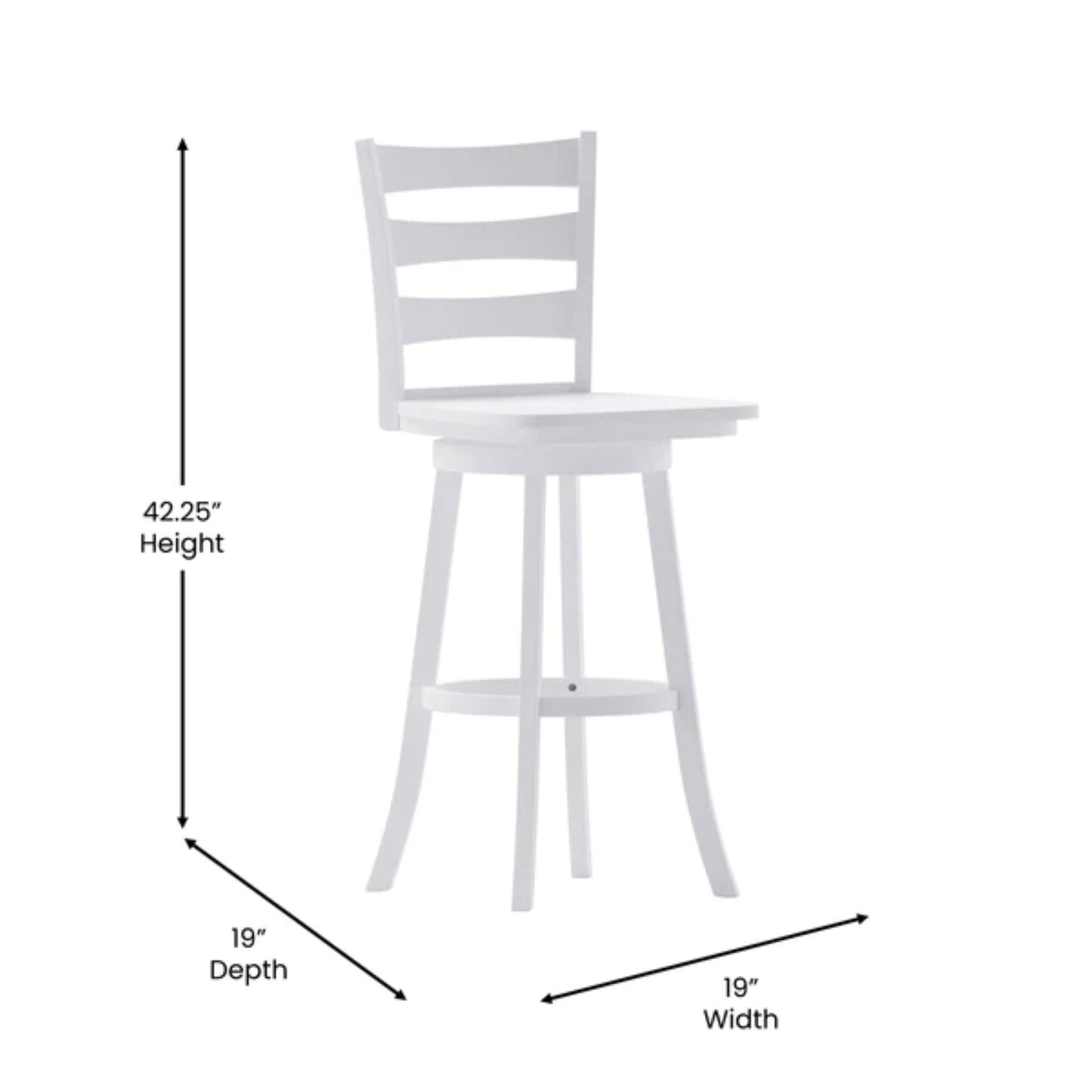 Commercial-grade ladderback bar height stool with 360-degree swivel and solid hardwood frame with dimensions