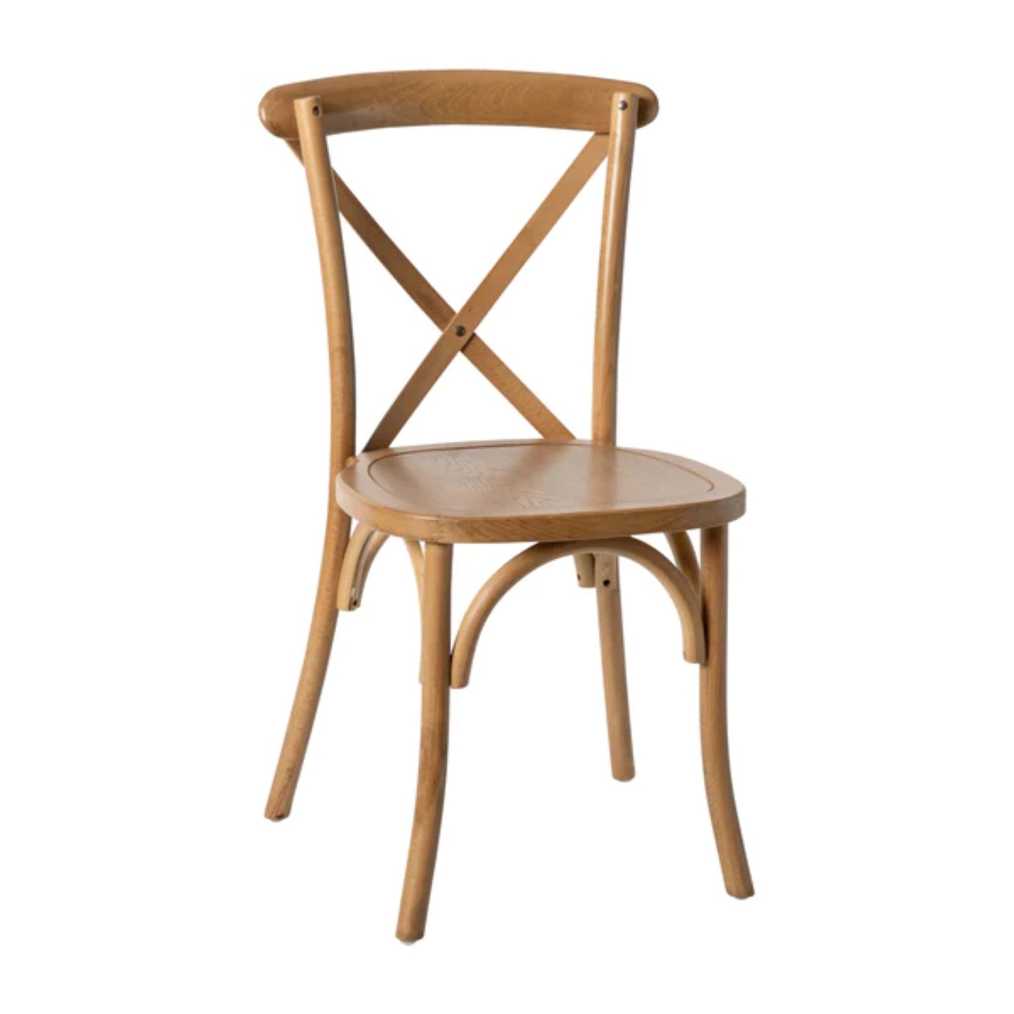Elm wood X-Back dining chair in light brown finish with rustic grain pattern.