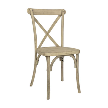 Resin cross back chair in light oak wood-look finish for indoor-outdoor dining spaces.