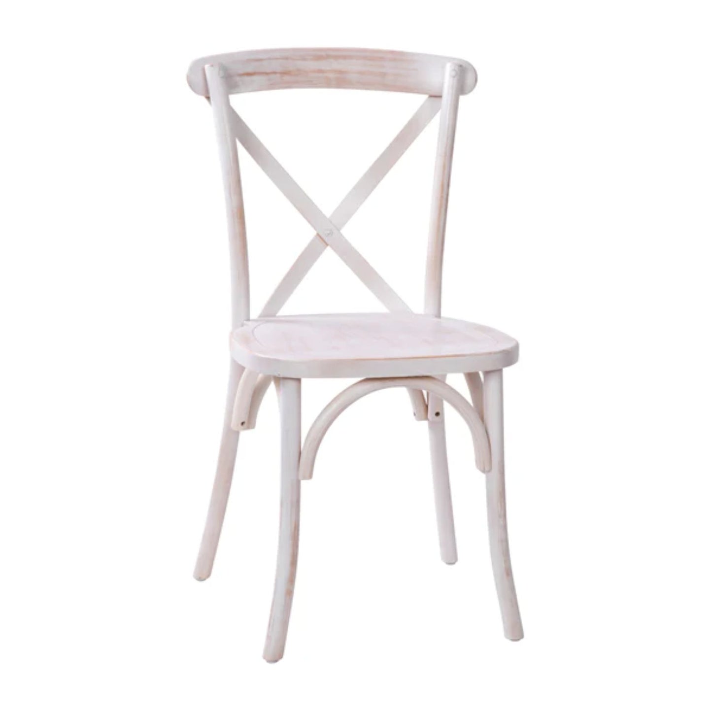 Elm wood X-Back dining chair in lime wash finish with soft, vintage patina.
