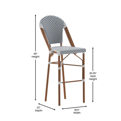 Stackable indoor outdoor bistro bar stool with white and navy woven rattan and bamboo-print frame with dimensions