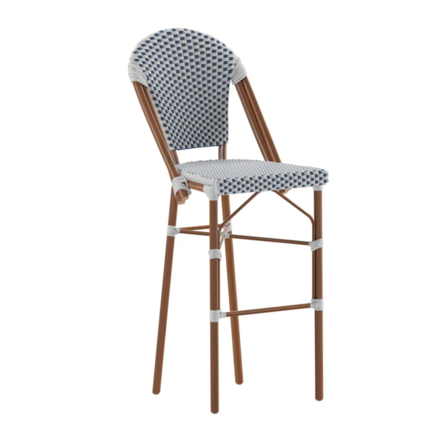 Lourdes commercial bistro 30-inch bar height stool with white and navy PE rattan seat and back