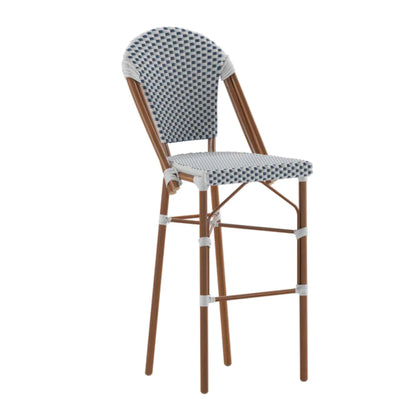 Lourdes commercial bistro 30-inch bar height stool with white and navy PE rattan seat and back
