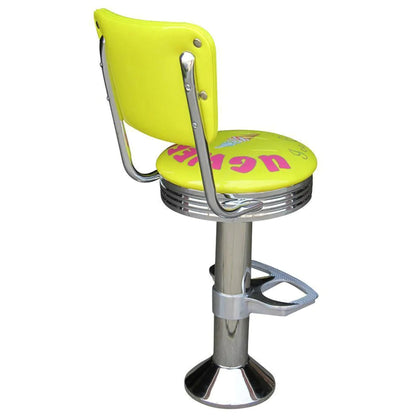 Side view of floor-mounted bar stool featuring round swivel seat, chrome pan, and backrest panel with optional logo.