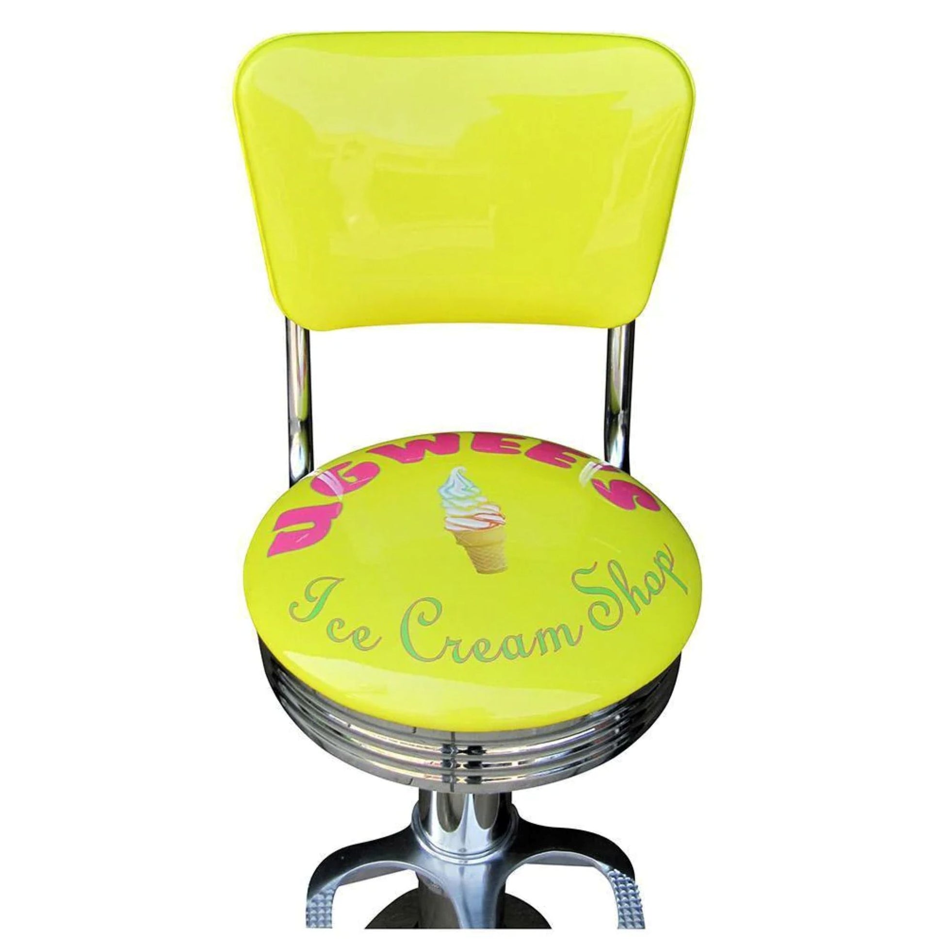 Floor-mounted bar stool with round padded swivel seat, dual back posts, and optional logo panel shown from the front