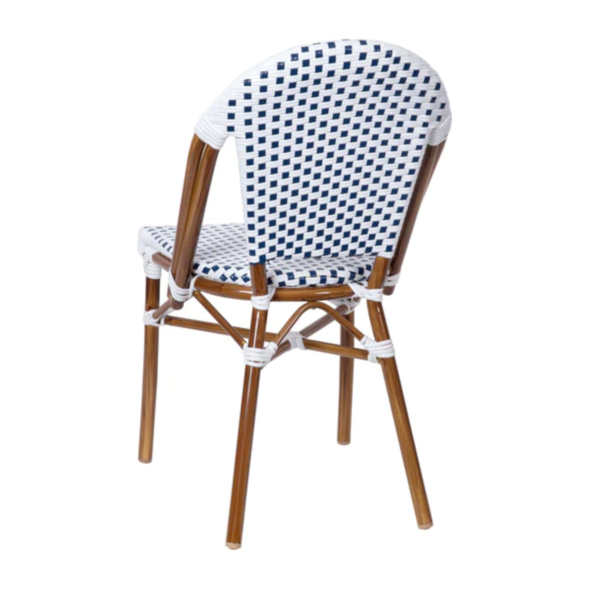 Back view of white-navy woven rattan bistro stacking chair with lightweight, rust-resistant bamboo-finish metal frame.
