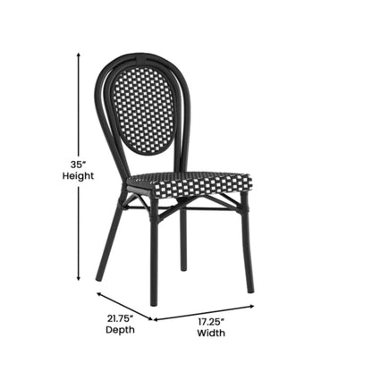 Bistro-style indoor/outdoor chair with black-and-white PE rattan seat and back and black aluminum frame.