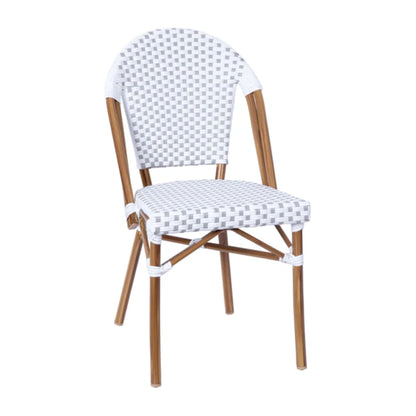 Front view of white-gray PE rattan bistro chair with bamboo-print aluminum frame for indoor or outdoor seating.