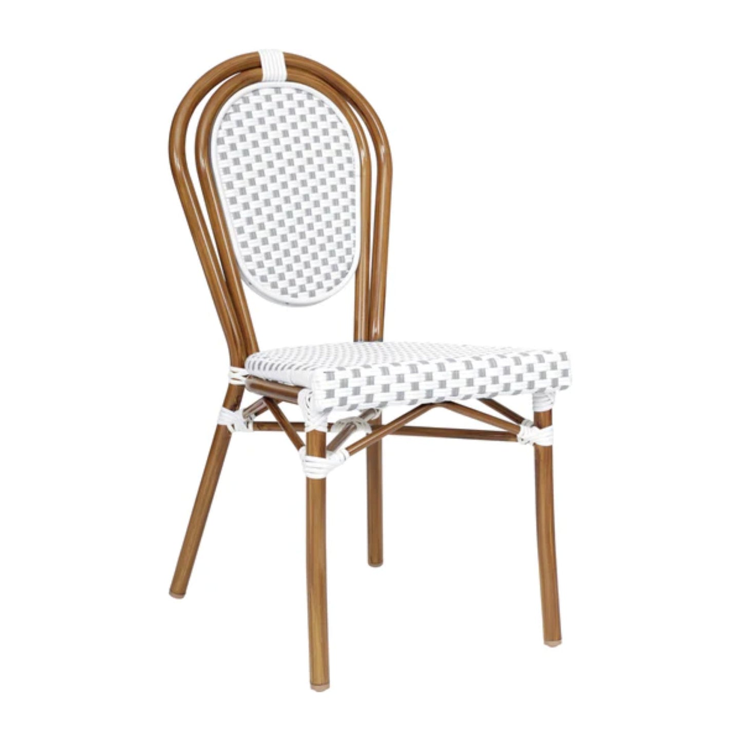 Parisian-style bistro chair with white-and-gray PE rattan seat and back and bamboo-look aluminum frame.