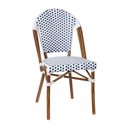 Front view of white-navy PE rattan bistro chair with bamboo-look aluminum frame designed for indoor or outdoor commercial seating.