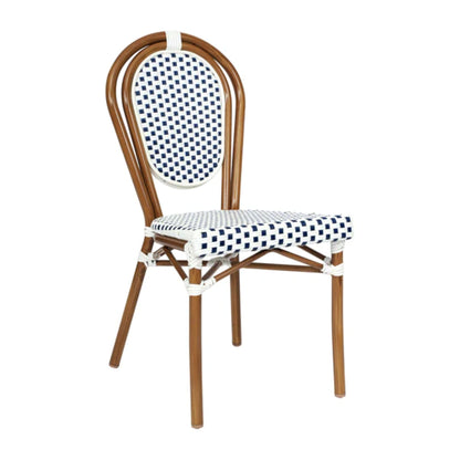 Café chair featuring navy-and-white woven rattan and natural-tone metal frame.