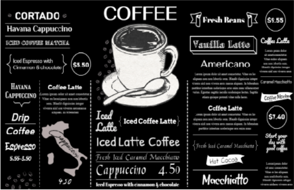 Coffee menu with various coffee options and prices on a black background