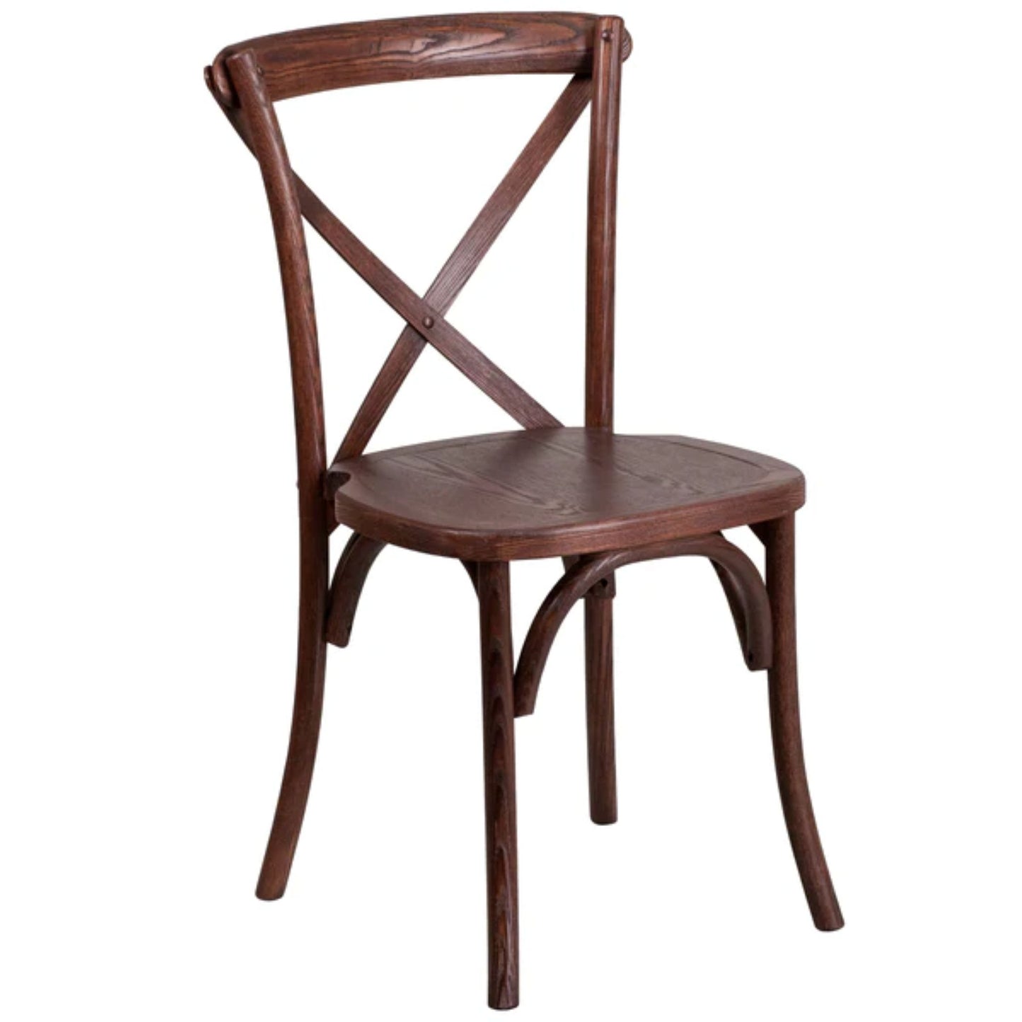 Stackable ash wood cross back chair in rich mahogany finish with curved lines.