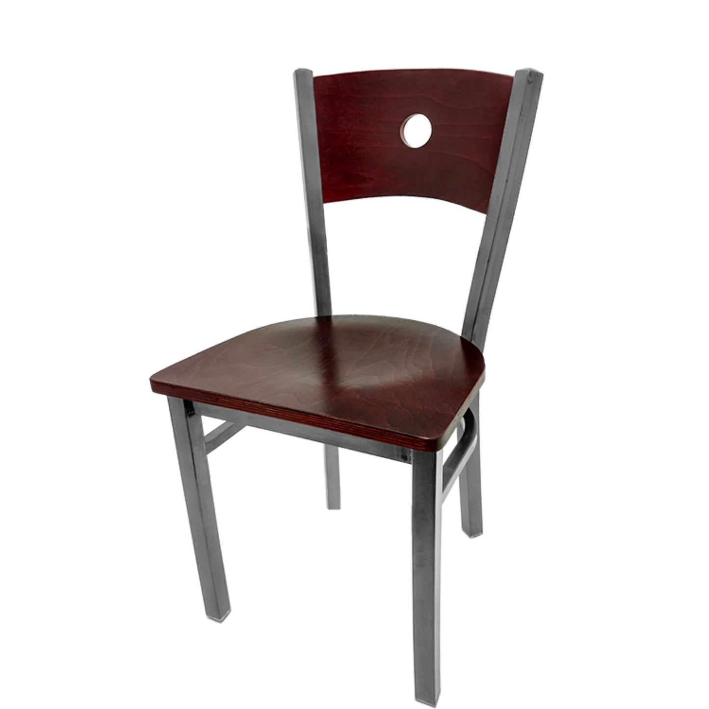 Dining chair with mahogany wood back and mahogany wood seat.