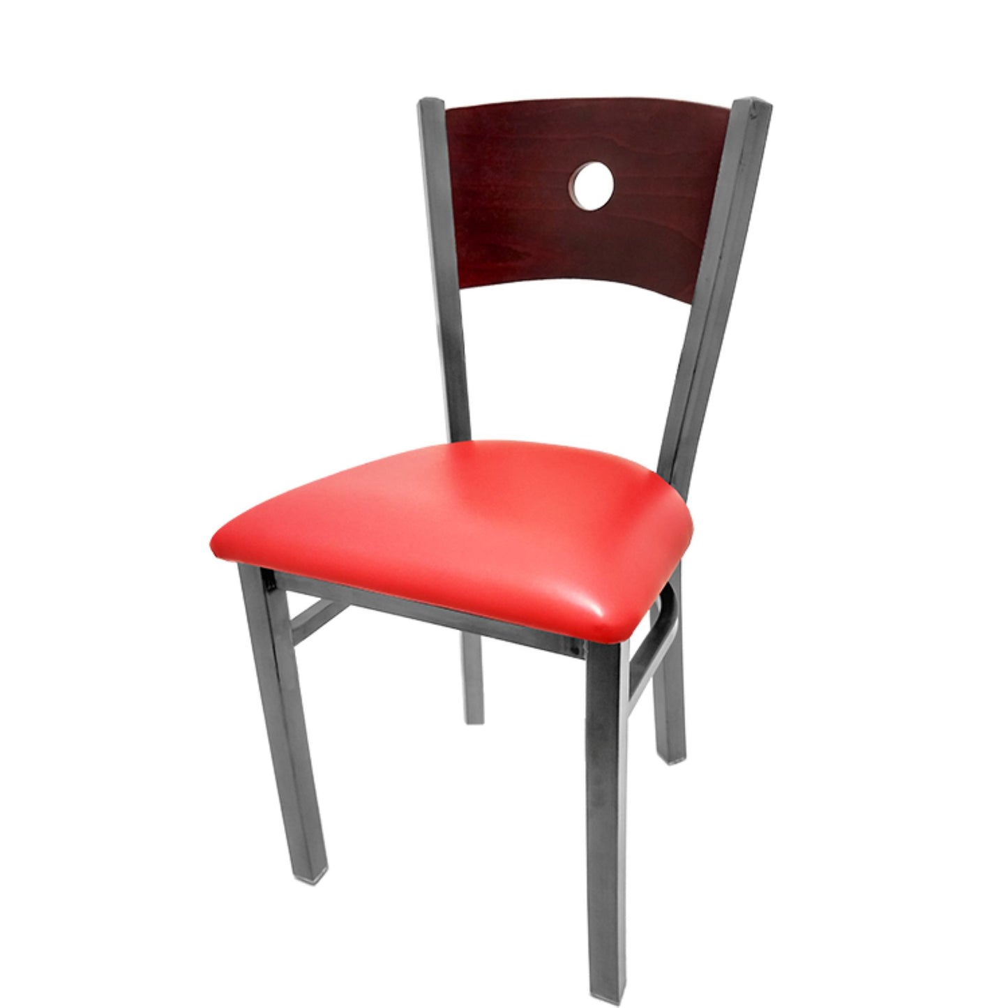 Dining chair with mahogany wood back and red vinyl seat.