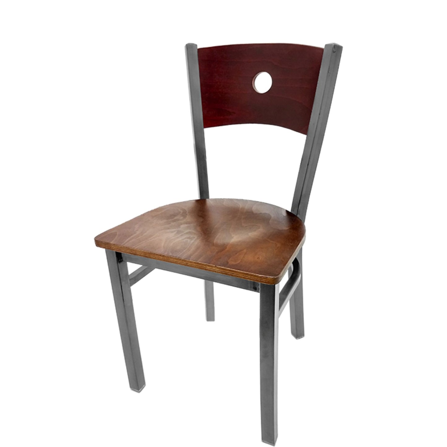 Dining chair with mahogany wood back and walnut wood seat.