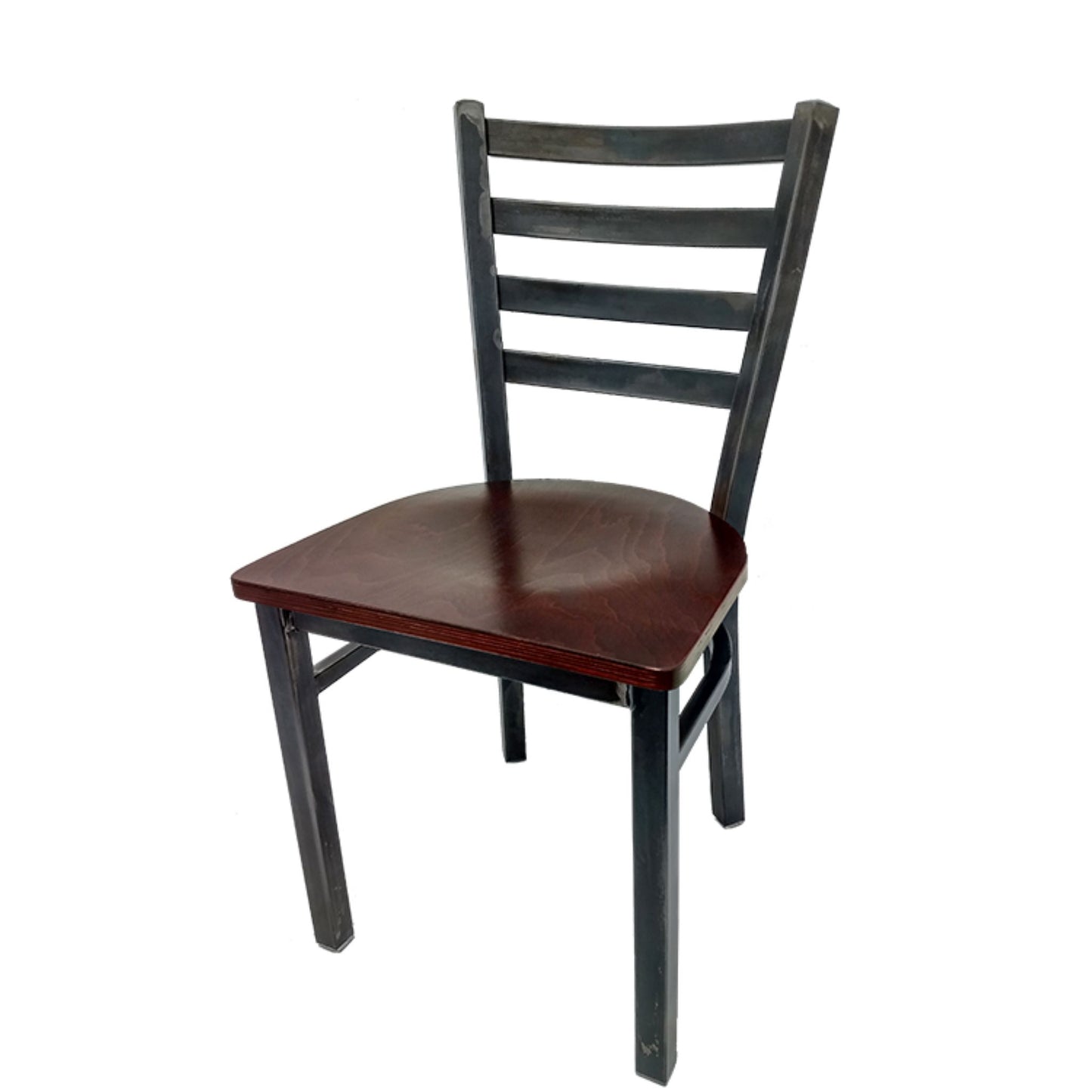 Rustic ladderback metal dining chair with clear coat steel frame and mahogany stain solid wood seat.