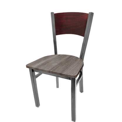 Dining chair with mahogany stain seat back and barnwood wood seat.