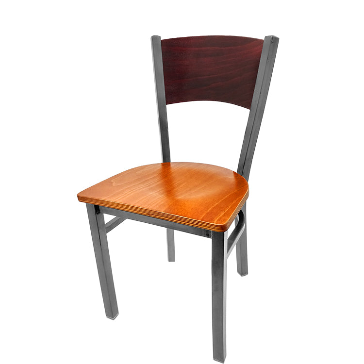 Dining chair with mahogany stain seat back and cherry wood seat.