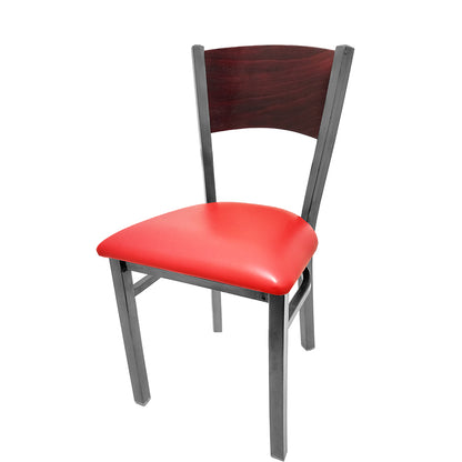 Dining chair with mahogany stain seat back and red vinyl seat.
