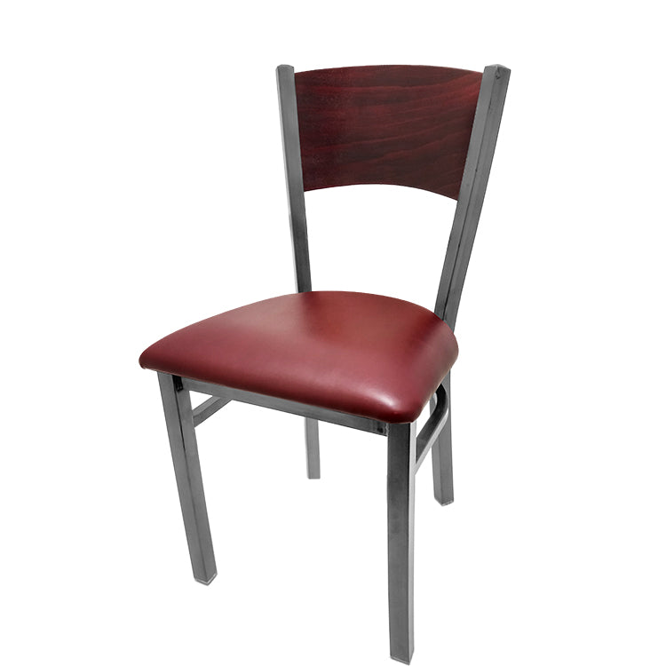 Dining chair with mahogany stain seat back and wine vinyl seat.