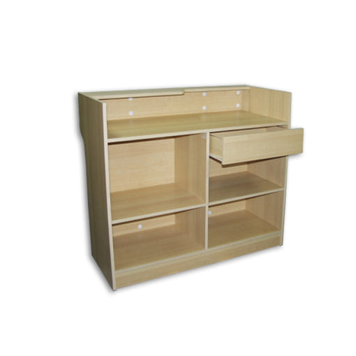 Wooden storage unit with shelves and drawers on a white background