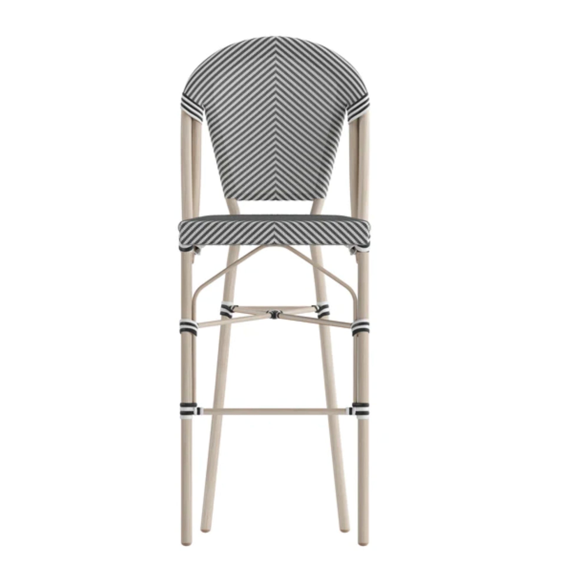 Black and white textilene Parisian-style barstool with natural bamboo-print powder-coated frame