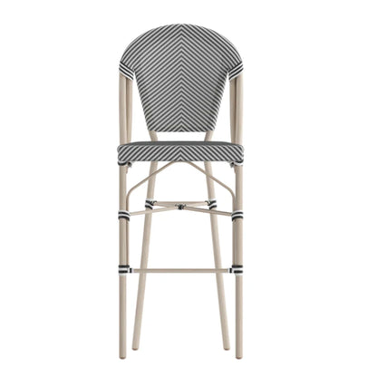 Black and white textilene Parisian-style barstool with natural bamboo-print powder-coated frame