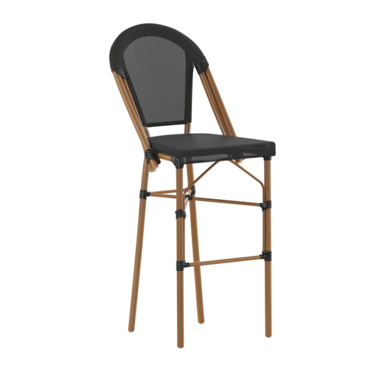 Marseille commercial bistro 30-inch barstool with black textilene seat and back and natural bamboo-look frame