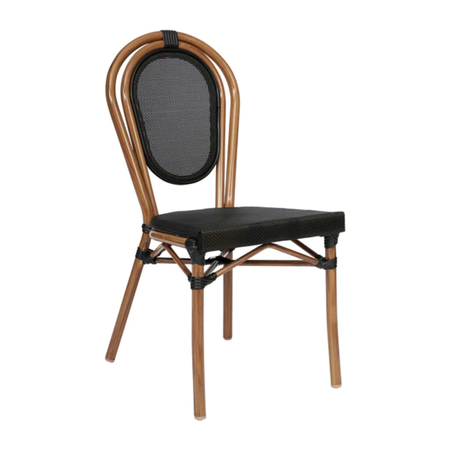 honet-style stacking bistro chair with black/white textilene seat and dark bamboo-print aluminum frame